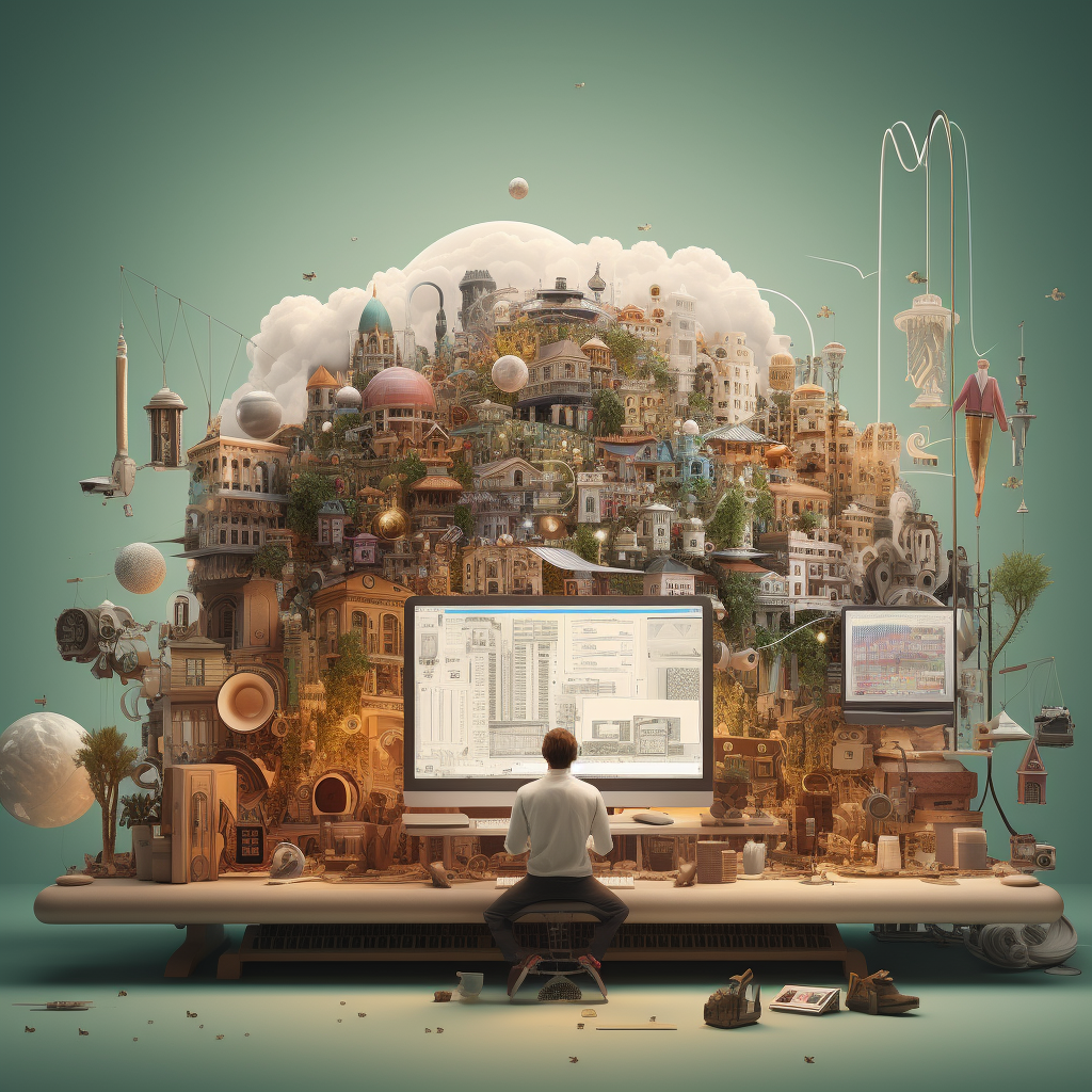 image of a person siting at a computer with a imaginative world behind him
